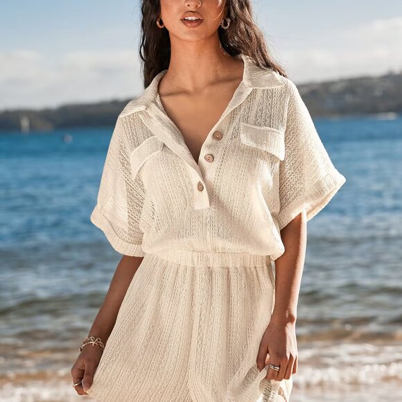 Cupshe Beige Collared Front Button Wide Leg Romper - Picture 2 of 5